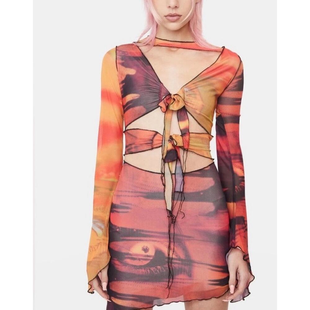 Jaded London Eye Print Cut Out Mesh Mini Dress Size S 4 Sheer Y2K Cyber Grunge